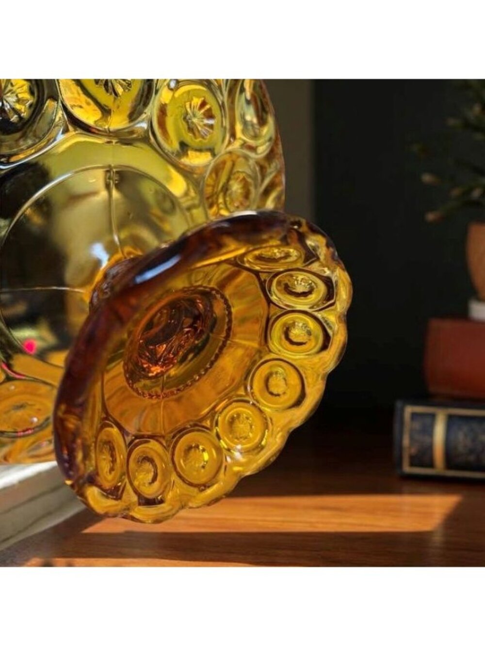 LE Smith Moon and Stars Amber Glass Pedestal Compote Dish With Scalloped Edge  V - Picture 2 of 7
